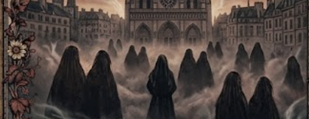 Illustration de l'Affaire des Poisons à Paris en 1680 : silhouettes de sorcières dans la brume devant Notre-Dame