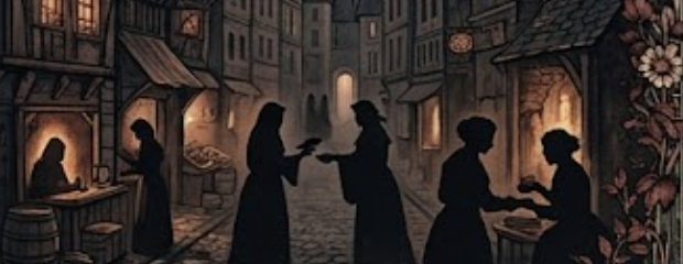 Scène de rue nocturne à Paris au XVIIe siècle : femmes mystérieuses échangeant des secrets dans les ombres d'une ruelle médiévale