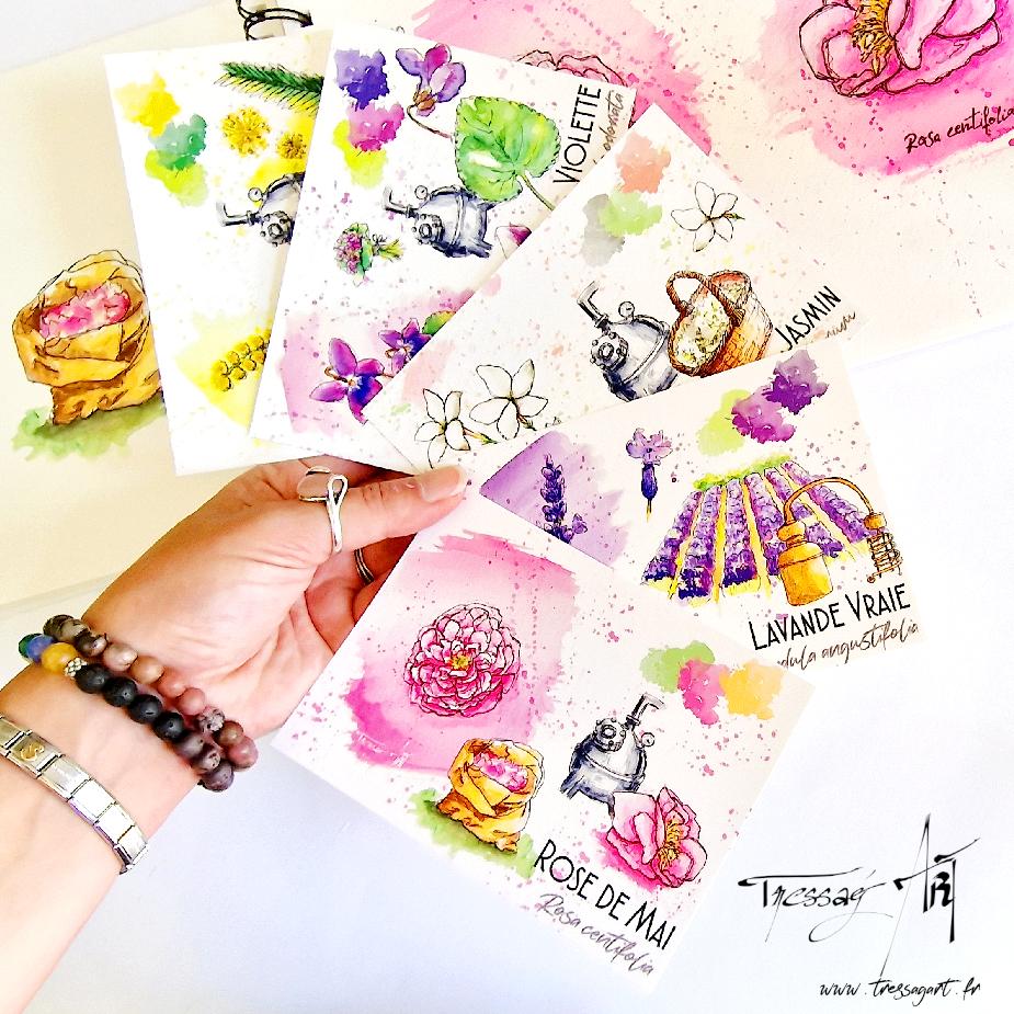 Cartes postales à l'aquarelle sur les fleurs de la parfumerie