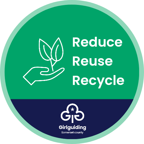 Girlguiding Somerset reduce, reuse, recycle logo showing hand holding the world and Girlguiding logo