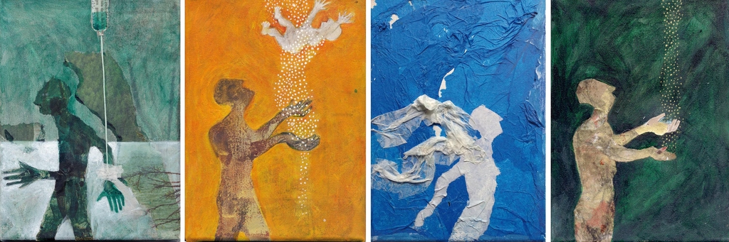 Vier kleine Leinwandarbeiten, Acryl, Collage, Assemblage auf Leinwand, je 21 x 15 cm