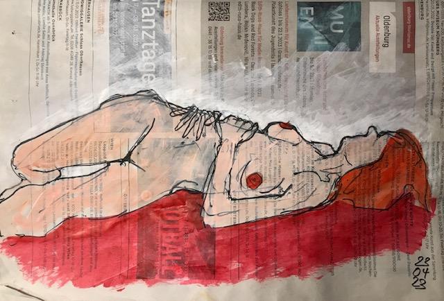 Tanztee – Weiblicher Akt auf Zeitung, Format 20 x 28 cm