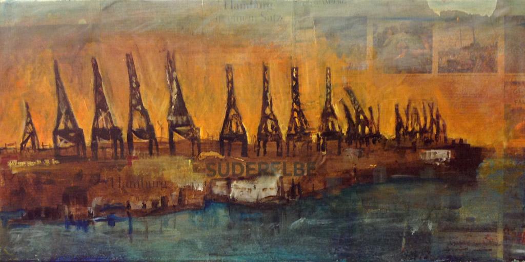 Hafengiraffen – Acryl, Collage auf Leinwand, 40 x 80 cm