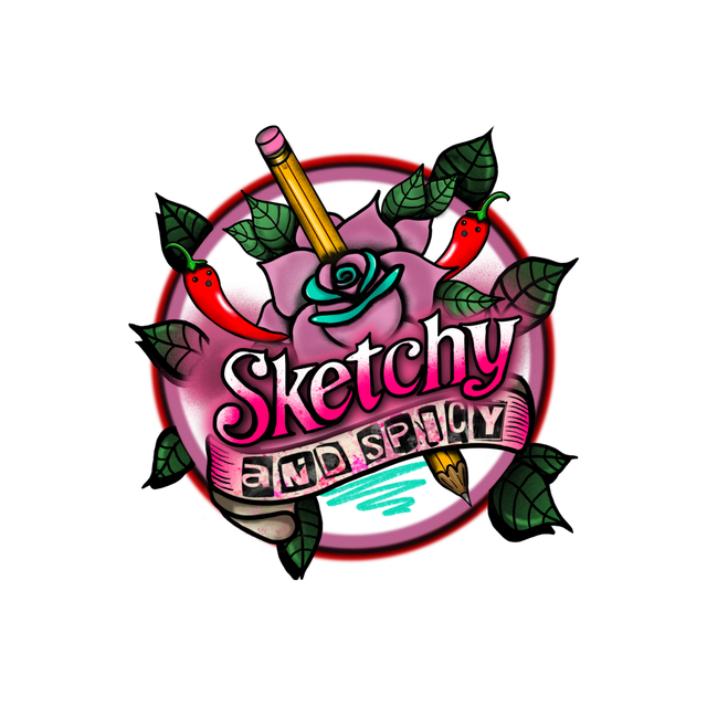Sketchy and Spicy Logo. Tattoo style pink rose with pencil going through it with cartoon shocked chilli peppers either side, all within a circle prime and leaves poking out and bold text across the front saying ‘Sketchy and Spicy’. 