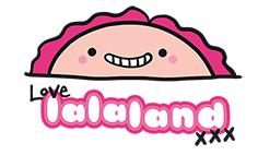 Love Lalaland text in bubble font with a smiley pink face with pink hair above the text