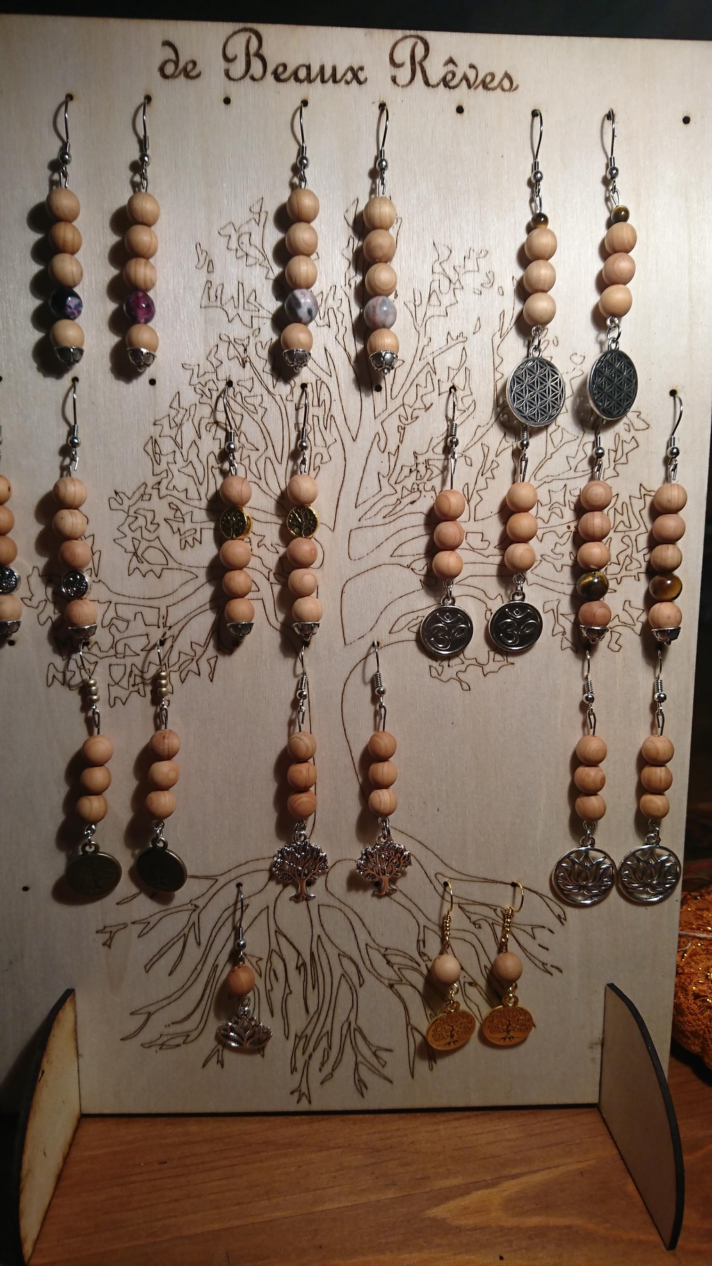 Boucles d'oreilles, santal, wengé, fleur de vie, arbre de vie, pendentif