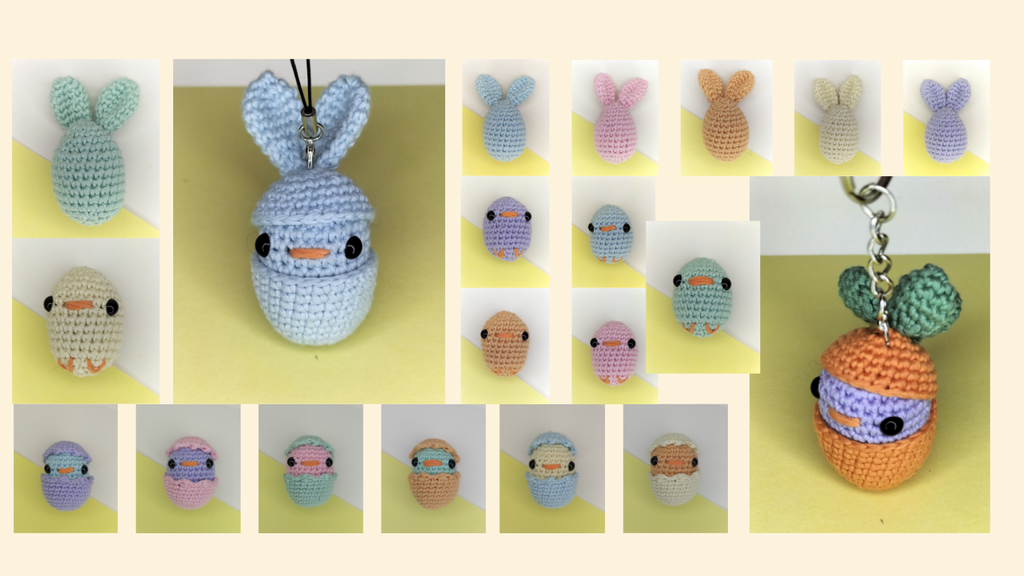 Des amigurumis poussins pastels, des déguisements coquilles, lapins et carottes pour poussins. Des oeufs avec des oreilles de lapins. A assembler selon vos envies.