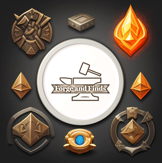 Forge and Finds Logo, An anvil surrounded by gems and collectables