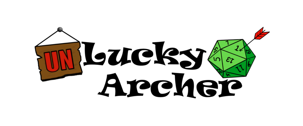 A background image of the Unlucky Archer logo. This features the words Lucky Archer in a stylised font, with the letters UN appearing to be pinned on to the beginning via a wooden board. There is also the image of a green, 20-sided dice with an arrow in the number 1.