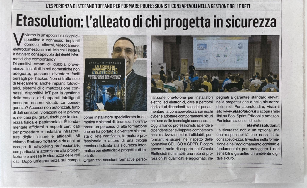 Articolo su ETA Solution e Stefano Toffano dedicato alla sicurezza informatica e formazione professionale