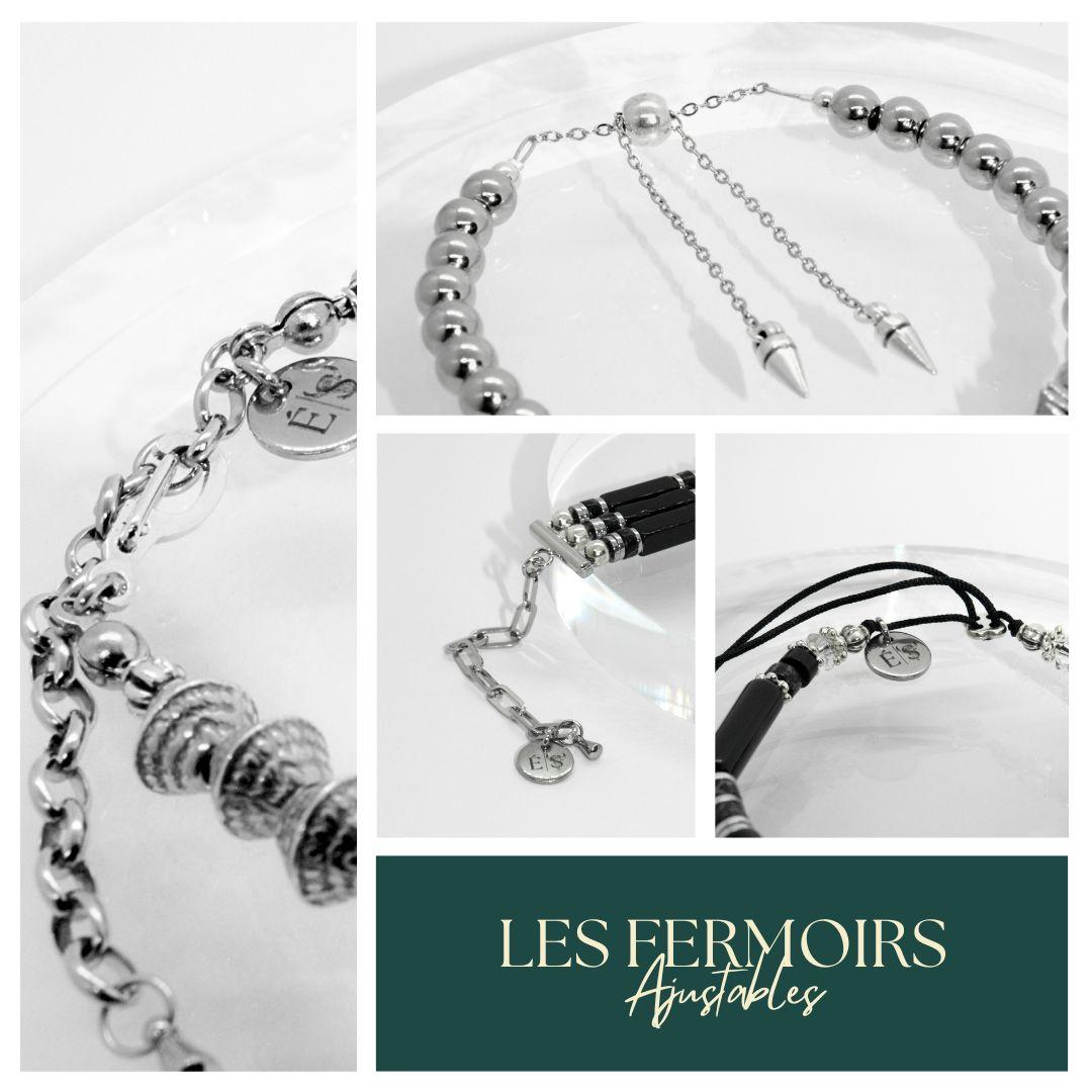 Composite photo illustrant les différents types de fermoirs ajustables proposés sur les bracelets. Chaque fermoir est conçu pour offrir un ajustement personnalisé, garantissant un confort optimal et une parfaite adaptation à la taille du poignet