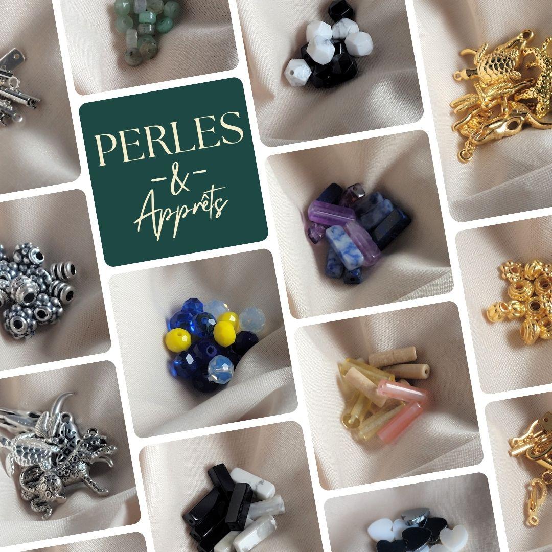 Composite photo illustrant un mélange de perles, pierres gemmes et apprêts utilisés dans la création des bracelets. Chaque élément, soigneusement sélectionné, participe à la conception de bijoux uniques, alliant élégance et naturalité