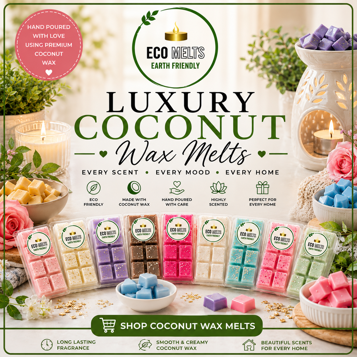 Shop Eco Melts luxury wax melts made using eco-friendly coconut wax and premium fragrance oils designed to deliver strong and long lasting fragrance throughout your home. Discover snap bars, heart melts and highly scented wax melts available in a wide range of fragrance collections including designer inspired scents, fresh laundry fragrances, sweet treats, marshmallow fragrances, seasonal favourites and relaxing scents. Explore vegan friendly and cruelty free home fragrance products perfect for living rooms, bedrooms and gifting. Ideal for customers searching for luxury wax melts, coconut wax melts, home fragrance, wax melt gifts, highly scented wax bars and premium room fragrance products.
