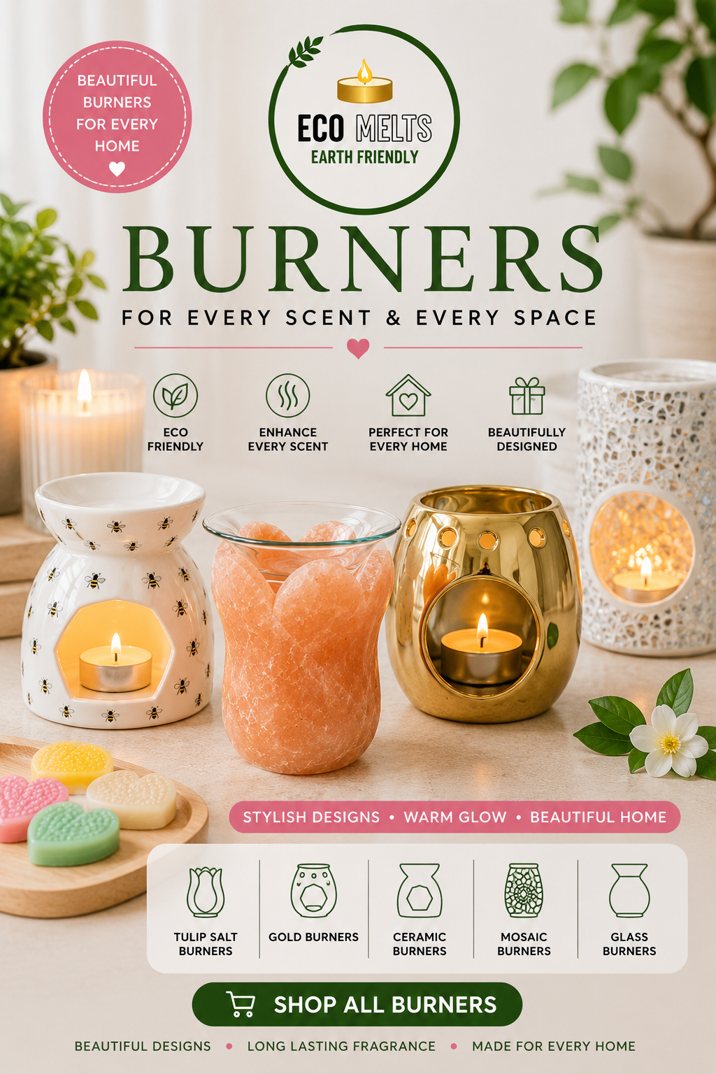 Shop Eco Melts wax melt burners including electric burners, salt burners and tealight burners designed to complement your home fragrance experience. Explore stylish designs perfect for living rooms, bedrooms and gifting. Ideal for customers searching for wax burners, electric wax warmers, tealight burners, home fragrance accessories and luxury home décor products.