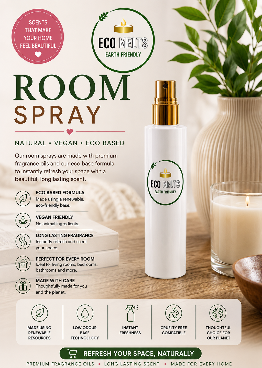 Discover Eco Melts room sprays designed to instantly refresh your home with long lasting fragrance. Explore premium room and linen sprays available in a variety of fragrance collections including fresh scents, designer inspired fragrances, sweet fragrances and seasonal favourites. Perfect for bedrooms, living rooms, bathrooms, curtains, bedding and home spaces needing an instant fragrance boost. Vegan friendly and cruelty free products ideal for customers searching for room sprays, home fragrance sprays, linen sprays, luxury room scents, air fresheners and long lasting fragrance products.
