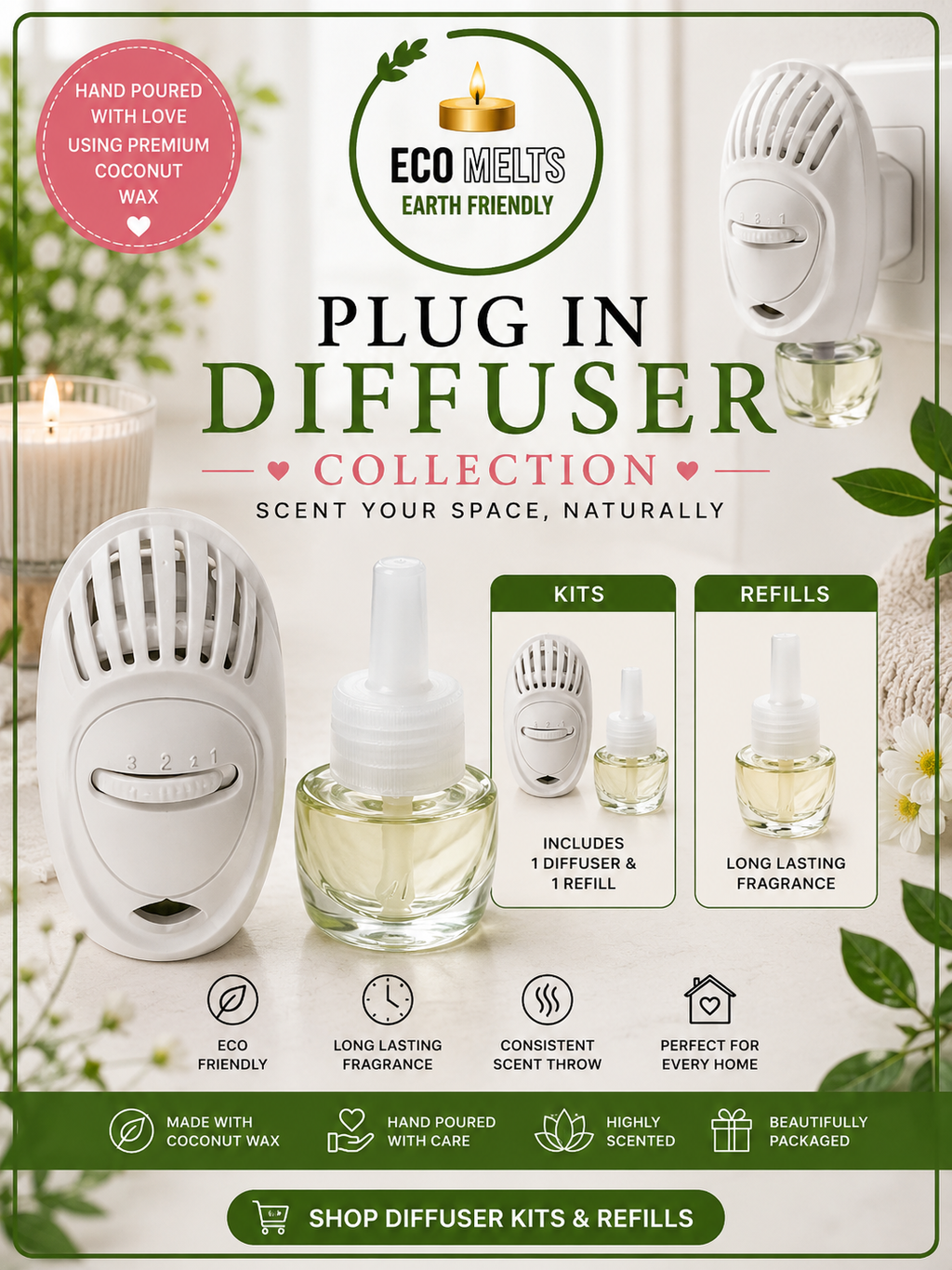 Shop Eco Melts Plug-In Diffusers designed to continuously fragrance your home with adjustable scent intensity and long lasting fragrance performance. Discover designer inspired scents, seasonal favourites, fresh fragrances and sweet fragrance collections. Perfect for bedrooms, bathrooms, hallways and living rooms. Vegan friendly and cruelty free products ideal for customers searching for plug-in air fresheners, room fragrances, home scent systems and long lasting home fragrance solutions.