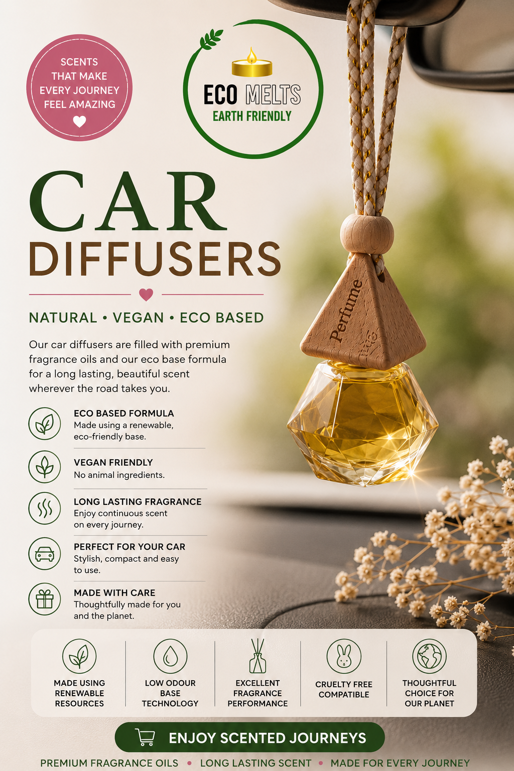 Discover Eco Melts Car Diffusers designed to keep your vehicle smelling fresh with long lasting premium fragrance. Explore designer inspired fragrances, fresh scents, sweet fragrances and seasonal favourites created to fragrance your car while adding style. Vegan friendly and cruelty free products ideal for customers searching for car air fresheners, hanging car diffusers, car fragrance products, luxury car scents and long lasting vehicle fragrance solutions.