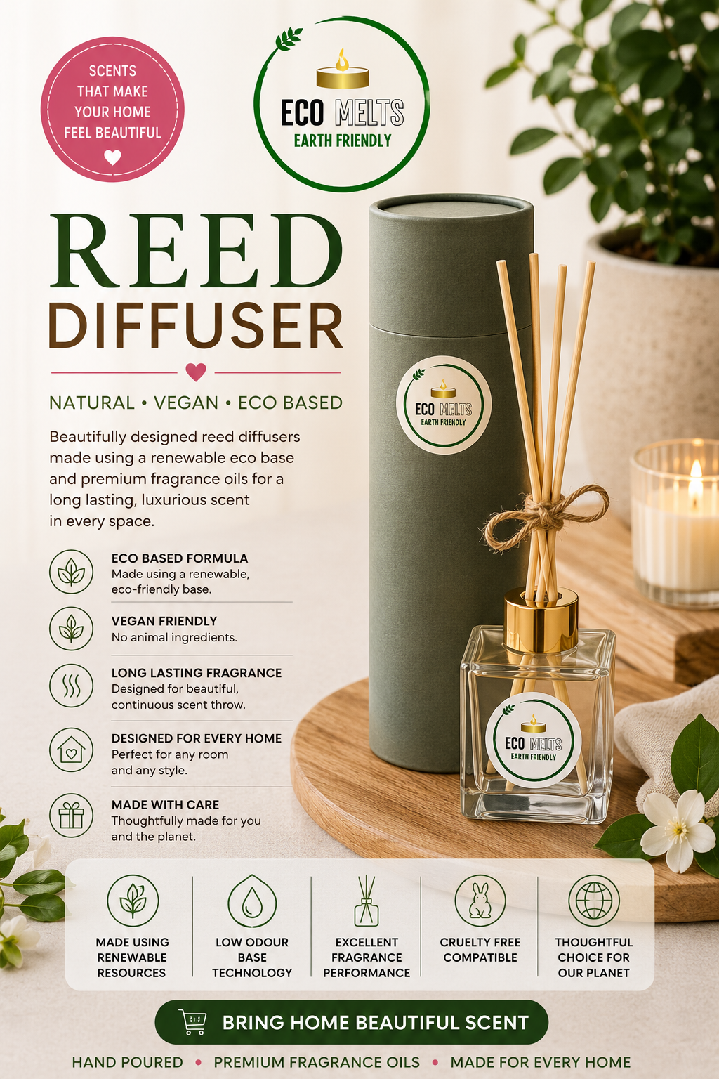 Shop Eco Melts Reed Diffusers made with premium fragrance oils and renewable eco diffuser bases designed to continuously fragrance your home. Discover long lasting reed diffusers available in designer inspired scents, fresh fragrances, sweet fragrances and seasonal favourites. Perfect for bedrooms, living rooms, bathrooms and hallways. Vegan friendly and cruelty free products ideal for customers searching for luxury reed diffusers, home fragrance gifts, room fragrance products and continuous fragrance solutions.