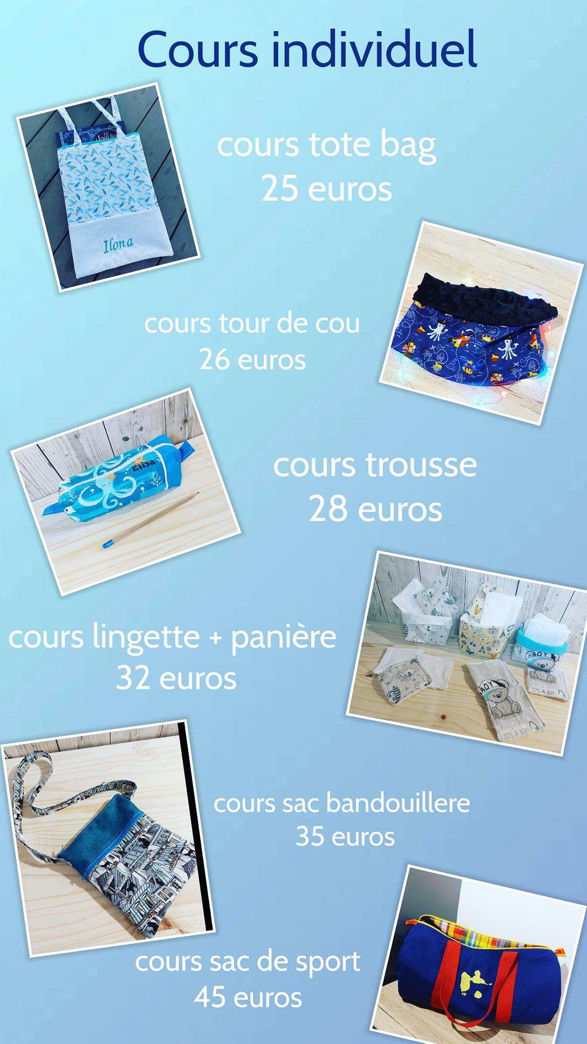 Le bon cadeau vous permet d’offrir un cours particulier ou un atelier en petit groupe.
Ils sont à destinations des enfants comme des adultes.
Ils sont valables 1 an.
La personne repars avec sa création.
Les cours individuels, ont lieu toute l année, la personne me contacte pour que nous decidions ensemble d une date, semaine ou week-end, vacances ou periode scolaire. Il existe plusieurs formules suivant les projets.
Soit le cours sans projet définis c est 25 euros de l heure.
La personne me contacte pour qu on définisse ensemble le thème, le projet, la matière première est à prévoir par la personne.
Ensuite il y a les cours à thème cette fois si la matière première est comprise, la personne choisi ses tissus. La séance peut aller d une 1h à 3h suivant le projet choisi.
Il y a :
- le tote bag à 25 euros
- Le snood à 26 euros
- La trousse écolier 28 euros
- les lingettes et la panière 32 euros
- Le sac bandouillere 35 euros
- Le sac de sport 45 euros.
Je fais une offre aussi parent enfant. Le cours à lieu avec un parent et son enfant. Suivant le thème choisi chacun prend son atelier mais il y a une réduction de 10 euros, donc pour un atelier par exemple de lingette cela fera (32 x2) - 10 = 54 euros
Enfin il y a les bons cadeaux pour les ateliers en petit groupe. Ils ont lieu sur les vacances le thème est défini à l avance.
La personne qui reçoit le bon choisi l atelier qui lui plaît sur la période de vacance qui lui convient.
Le bon est à 20 euros.
Les cours comme les ateliers sont accessible pour ceux qui veulent découvrir la couture, ou celle qui souhaite travailler certains points précisément.
Si vous souhaitez plus de précisions n hésitez pas à me contacter.
Les bons sont sous format papier numéroté dans son enveloppe cartonné