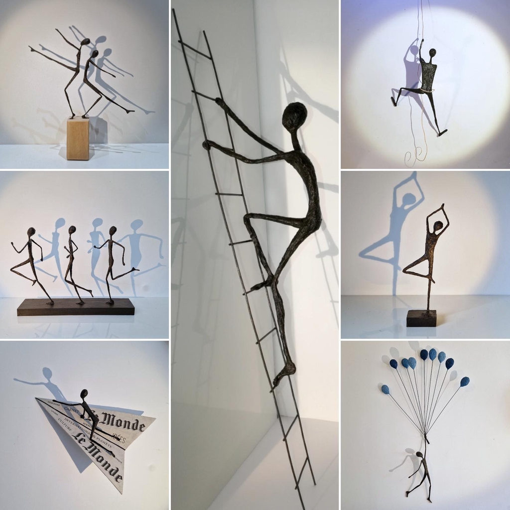 Sculptures en papier mâché avec un aspect de bronze en trompe l'œil. papier journal, fil de fer et résine naturelle 