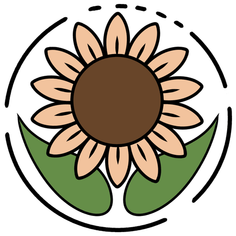 Logo de Héliana, boutique de crochet. Ce logo est composé d'un tournesol, de 2 feuilles à l'intérieur d'un cercle