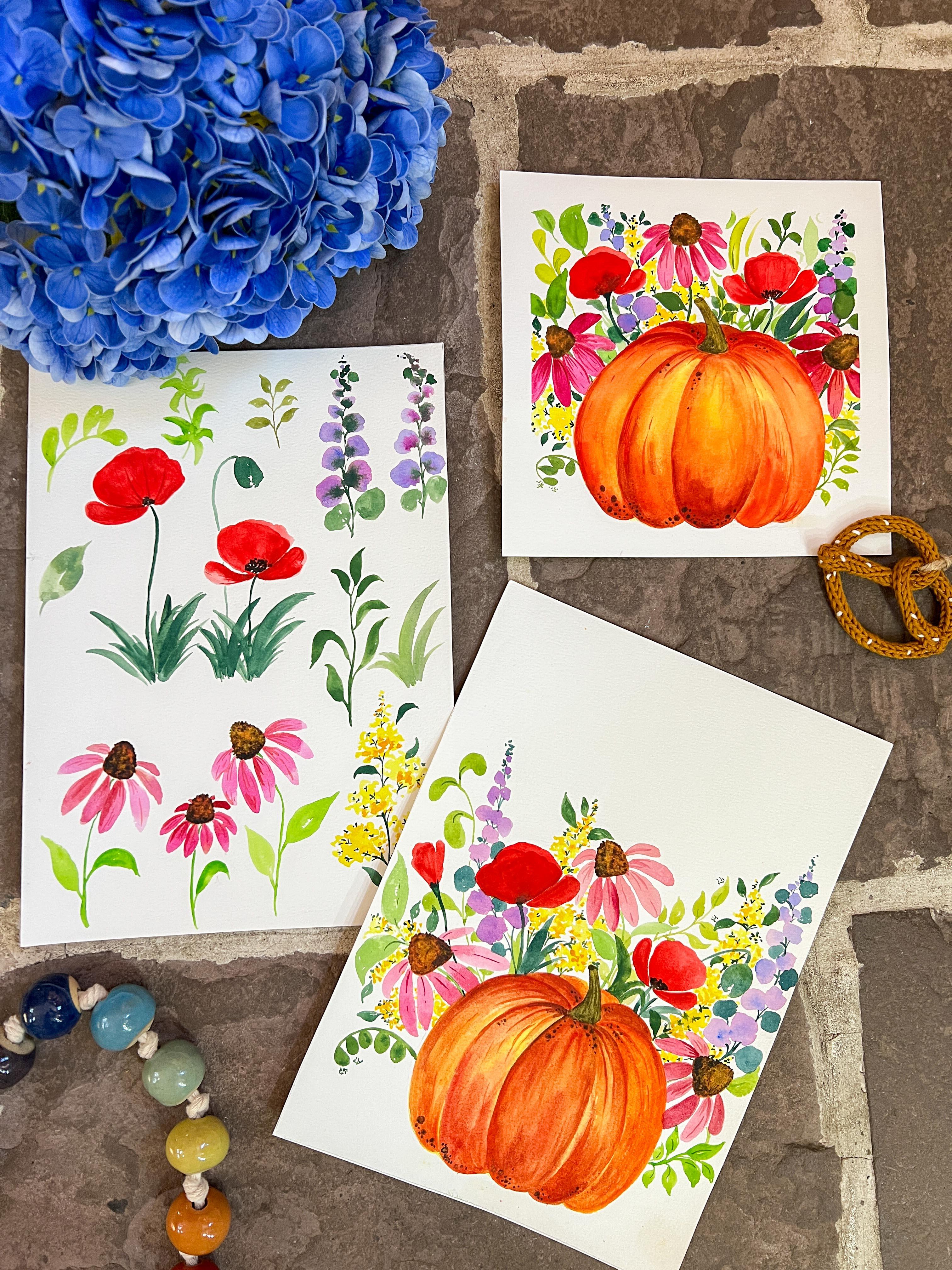 Atelier aquarelle pour apprendre à peindre une citrouille et des fleurs, organisé en Alsace, par Sophie Palpacuer, La Vie Et Tagada