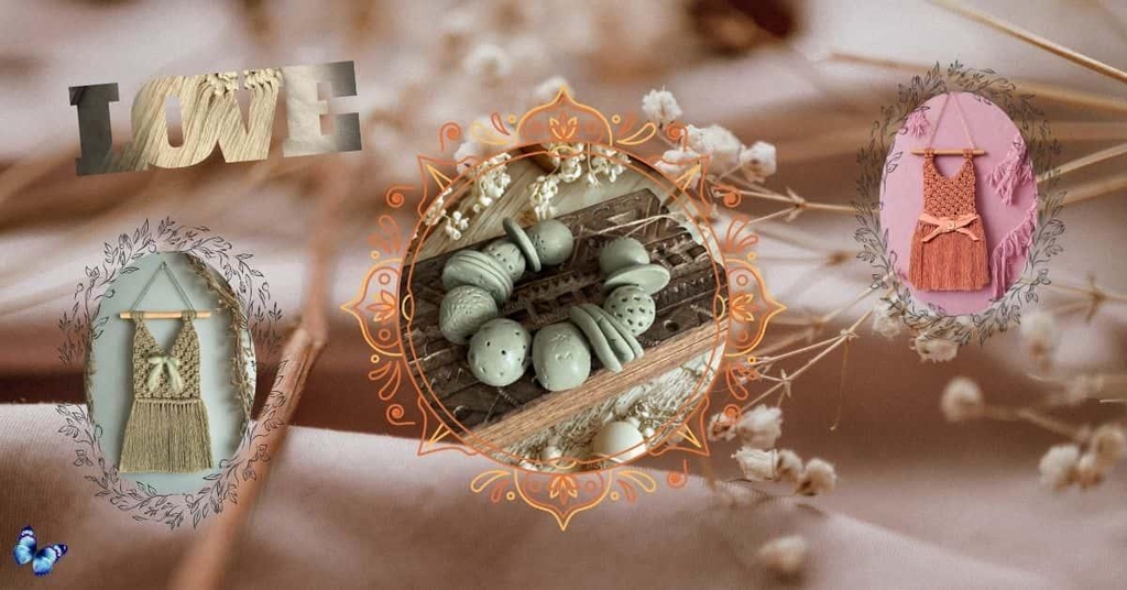 Décoration en macramé, collier perles d'argile, décoration chambre fille et garçon en macramé