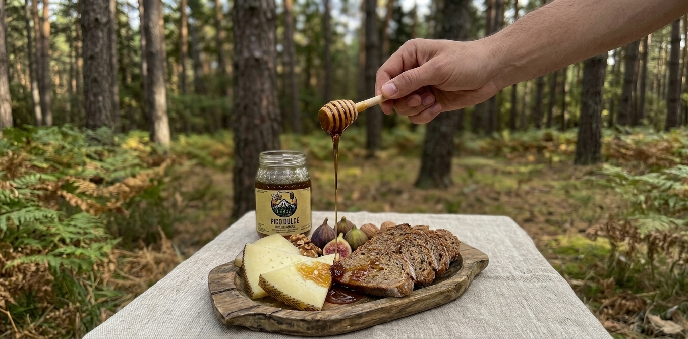 Receta de tostadas de pan de pueblo con queso curado, higos frescos y Miel de Bosque Picodulce de Peñaparda. Tosta de Queso de Oveja con Miel de Bosque e Higos
