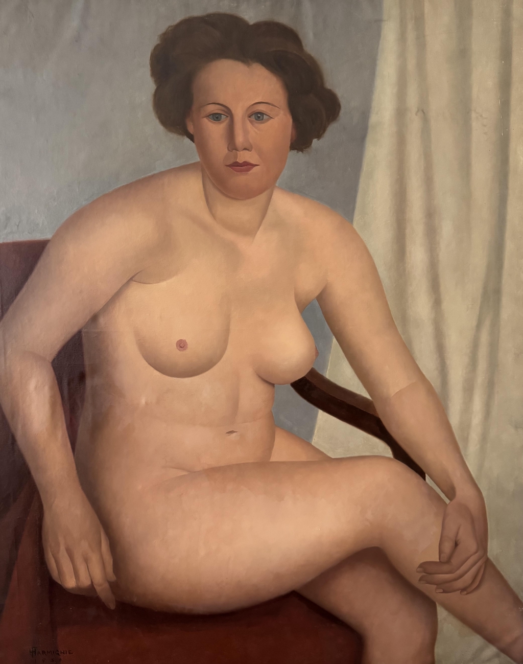 Huile sur toile , Femme nue assise école belge 1950
