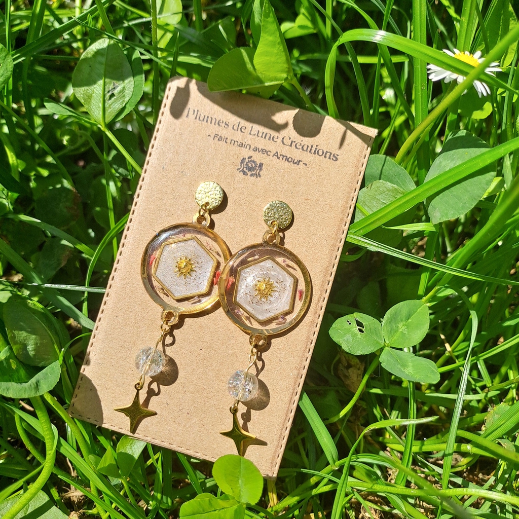 boucles d'oreilles resine uv plaqué or soleil étoile
