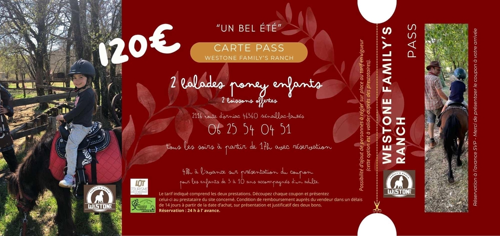 Bon cadeau
Bon été
Balade Calèche
Balade Vélos
Balade poney
Restaurant
