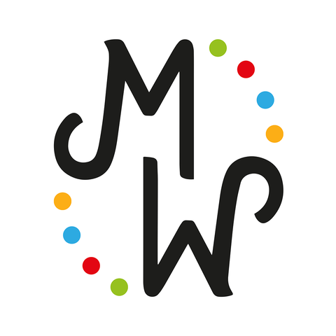 Logo von www.mareikewaidner.de: Initialien M und W mit bunten Punkten