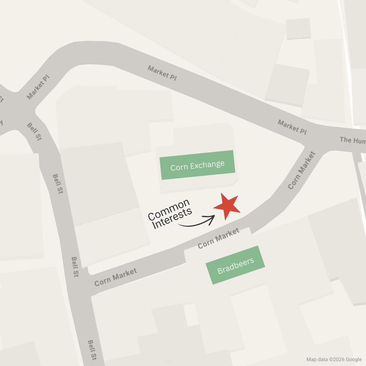 Map layout of Romsey Market in Hampshire indicating the exact location of the Common Interests stationery and lifestyle stall on Corn Market, situated directly beside the historic Corn Exchange and Bradbeers Department Store.