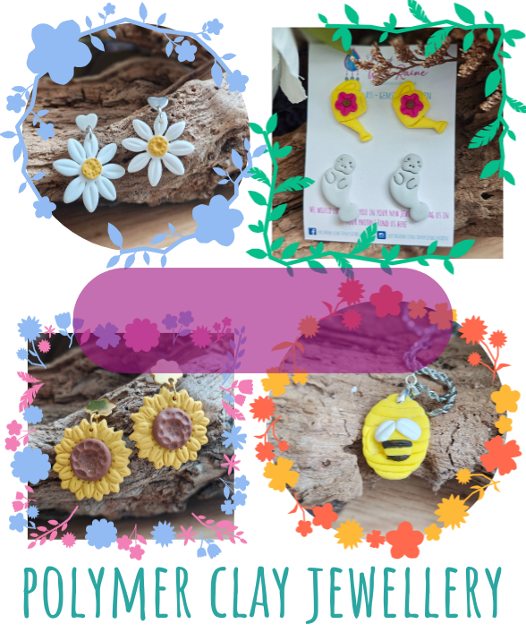 Featured Categories button for Polymer Clay Jewellery with a translucent purple oval and white text reading ‘Polymer Clay’. Surrounded by four images: top left, white and yellow daisy dangle earrings in polymer clay; top right, earring stud pack with yellow and pink watering cans and grey manatees; bottom left, caramel yellow and brown sunflower dangle earrings in polymer clay; bottom right, yellow polymer clay bee necklace on a beehive pendant.

