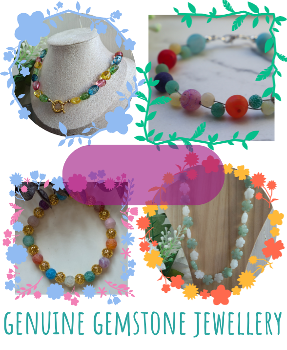 Featured Categories button for Genuine Gemstone Jewellery with a translucent purple oval and white text reading ‘Genuine Gemstone’. Surrounded by four images: top left, necklace of rainbow agate nugget beads with gold-plated stainless steel bolt ring clasp on a cream bust; top right, bracelet with woven crackled agate beads in 6mm and 4mm sizes on clear nylon-coated stainless steel wire; bottom left, stretch bracelet with crackled agate beads and gold-plated spacer beads; bottom right, necklace with green aventurine and rose quartz flower beads with a silver-plated stainless steel bolt ring clasp.
