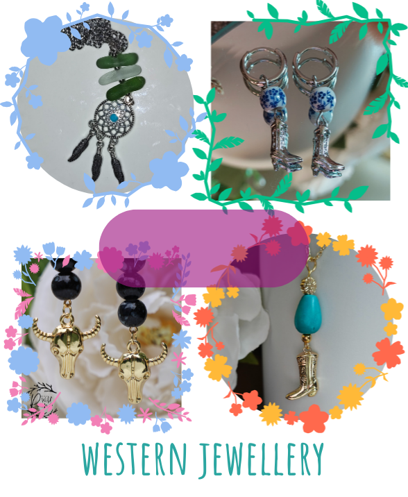 Featured Categories button for Western Jewellery with a translucent purple oval and white text reading ‘Western’. Surrounded by four images: top left, green sea glass and stainless steel dreamcatcher charm necklace; top right, earrings with blue and white ceramic beads and stainless steel cowboy boot charms; bottom left, earrings with black beads and gold-filled longhorn charms; bottom right, necklace with teardrop turquoise bead and gold-plated stainless steel cowboy boot charm.

