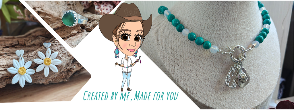 Banner for Drops of Wild Raine. In the centre, a cartoon illustration of a woman in cowboy boots and hat making jewellery, with the tagline ‘Created By Me, Made For You’. On the left, white and yellow polymer clay daisy earrings and a green sea glass ring in sterling silver. On the right, a turquoise and moonstone gemstone necklace with silver plated cactus and cowboy hat charms on a cream bust.