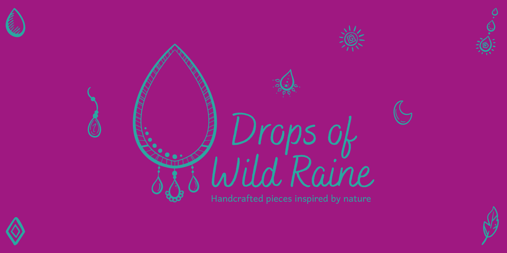 Banner for Drops of Wild Raine. In the centre, a cartoon illustration of a woman in cowboy boots and hat making jewellery, with the tagline ‘Created By Me, Made For You’. On the left, white and yellow polymer clay daisy earrings and a green sea glass ring in sterling silver. On the right, a turquoise and moonstone gemstone necklace with silver plated cactus and cowboy hat charms on a cream bust.