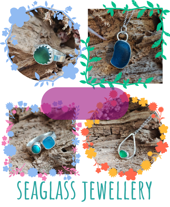 Featured Categories button for Sea Glass Jewellery with a translucent purple oval and white text reading ‘Sea Glass’. Surrounded by four images: top left, green sea glass ring in sterling silver; top right, blue Seaham sea glass necklace in sterling silver bezel; bottom left, turquoise gemstone and aqua blue sea glass ring in sterling silver bezel; bottom right, green sea glass necklace in sterling silver bezel on a teardrop wire frame.
