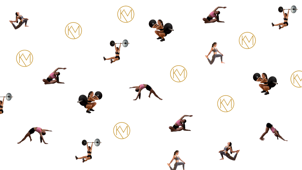 Verschiedene Yoga Posen und Fitnessübungen Squats Kniebeuge mit Langhantel Schulterpresse und Logo Herabschauender Hund Down Dog und Meditation