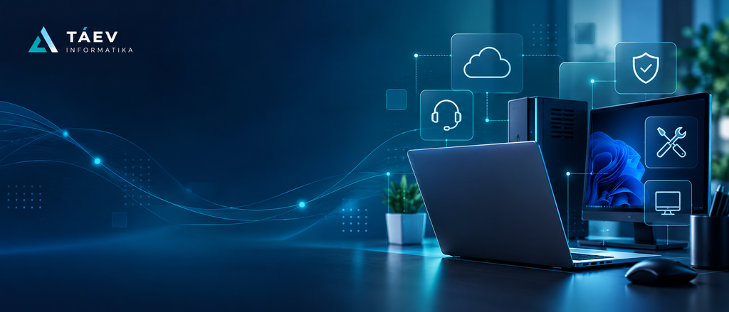 TÁEV Informatika – laptop és asztali számítógép, távoli IT-segítséget és informatikai biztonságot jelképező ikonokkal.