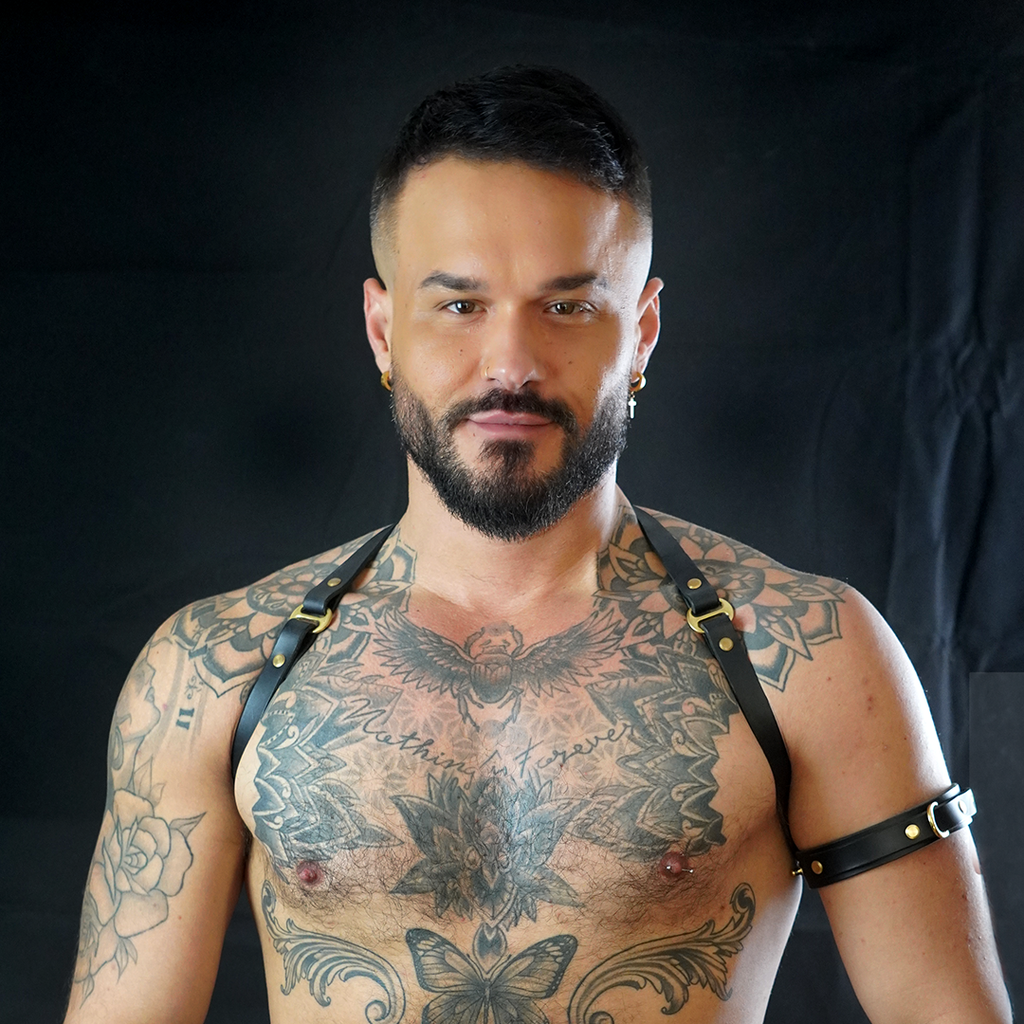 Black Leather Shoulder Harness worn by a male model with a black background