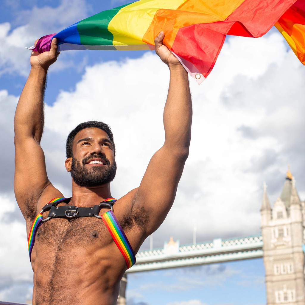 Rainbow chest harness worn by a male model holding a flying rainbow flag at an outdoor location next to Tower Bridge, London