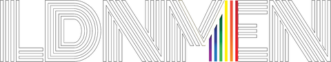 LDNMEN logo with striped lettering and multicolour accent
