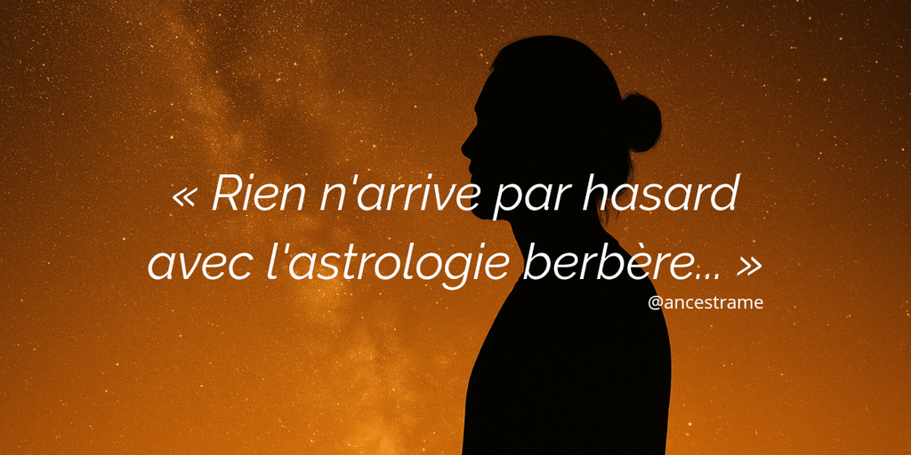 Silhouette spirituelle d’un homme aux cheveux longs attachés en chignon, éclairée par un ciel étoilé doré. Image signature d’Ancestrame, mêlant mysticisme, cosmos et lumière orange dorée. Une présence masculine dans l’ombre, symbole de sagesse ancienne, de guidance intérieure et de connexion aux étoiles. Parfait pour illustrer l’astrologie berbère, la spiritualité moderne, la reconnexion à l’âme et les enseignements ancestraux. Cette bannière représente l’essence d’Ancestrame : un voyage intérieur, lumineux, enraciné dans les étoiles et la connaissance profonde de soi.