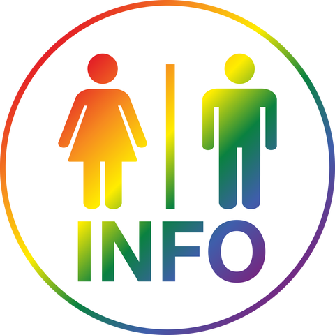 A rainbow-coloured version of the Public Toilet Info logo for Pride Month