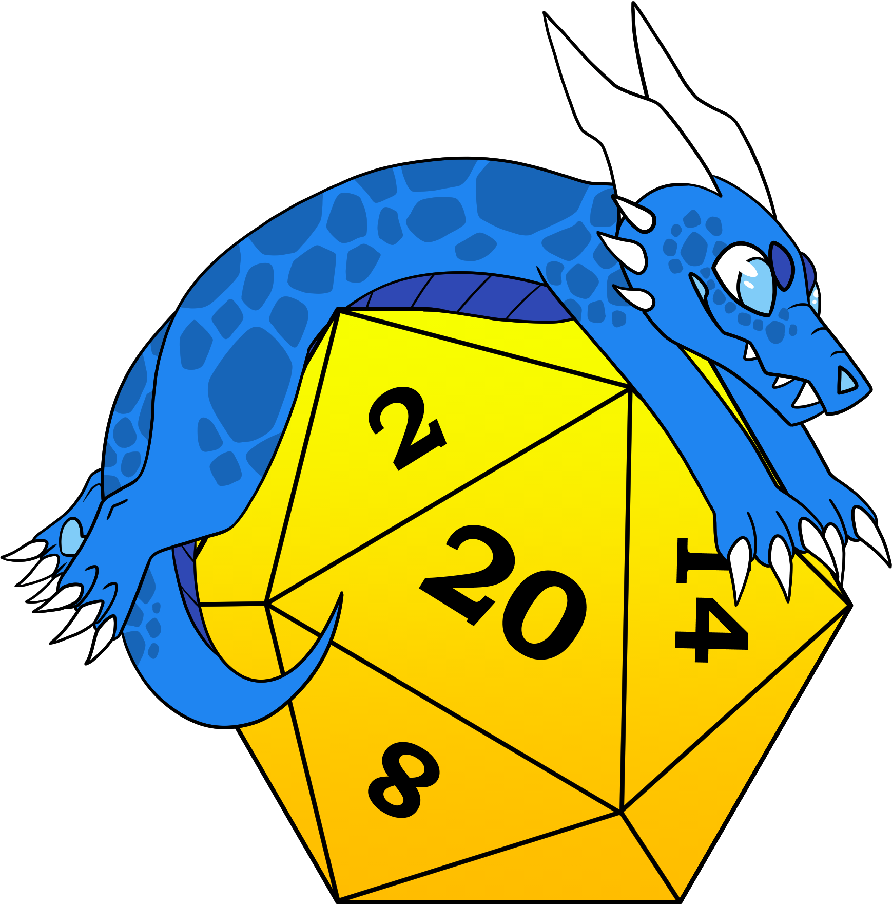 Blue kobold stretched across a large yellow d20