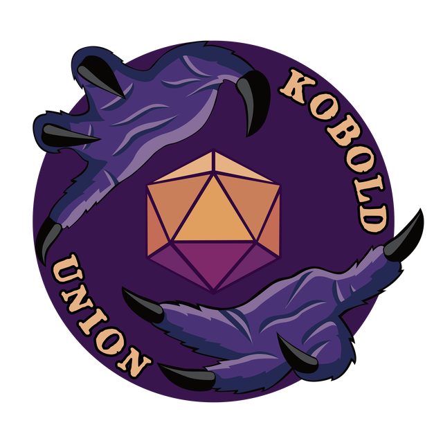 Kobold Union logo, purple circle with two clawed hands protruding around the edges, Kobold and Union written around the remaining edge space of the circle. An orange and magenta D20 sits in the middle of the circle.