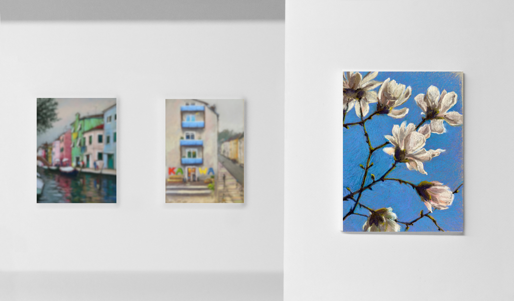 Gallery wall with artworks, info about upcoming art shows and workshops