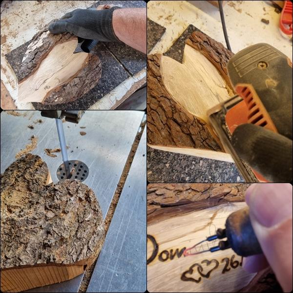 „Herstellung eines rustikalen Holzherzens mit natürlicher Baumrinde in der Werkstatt von Holzliebe-Iserlohn.“